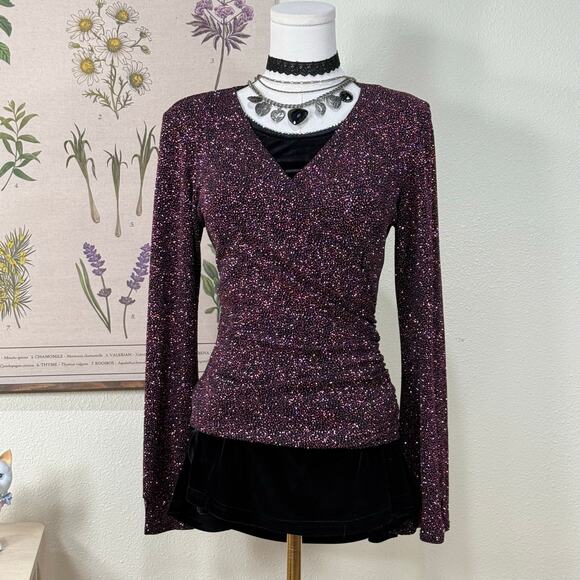 Vintage Pink Glitter Crossover Wrap Flare Sleeve Top Party Whimsigoth 90s Goth M - Picture 1 of 8